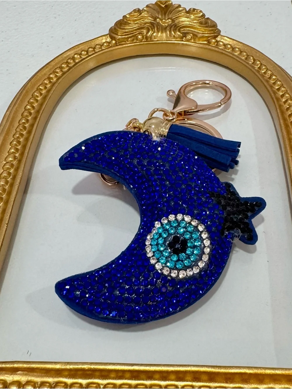 New Navy Crystal Crescent Moon Keychain with Tassel